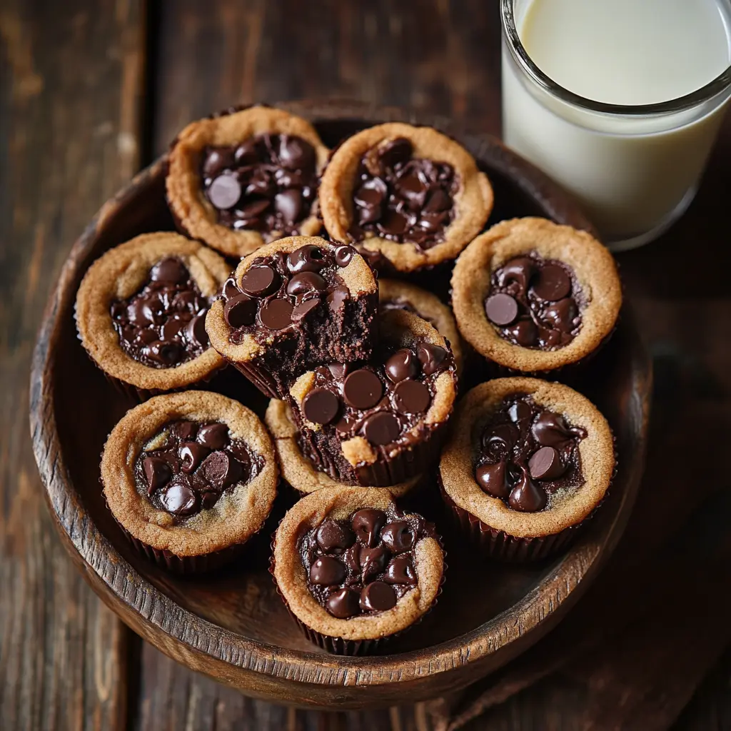 Decadent Chocolate Chip Cookie Dough Cups served with a glass of milk