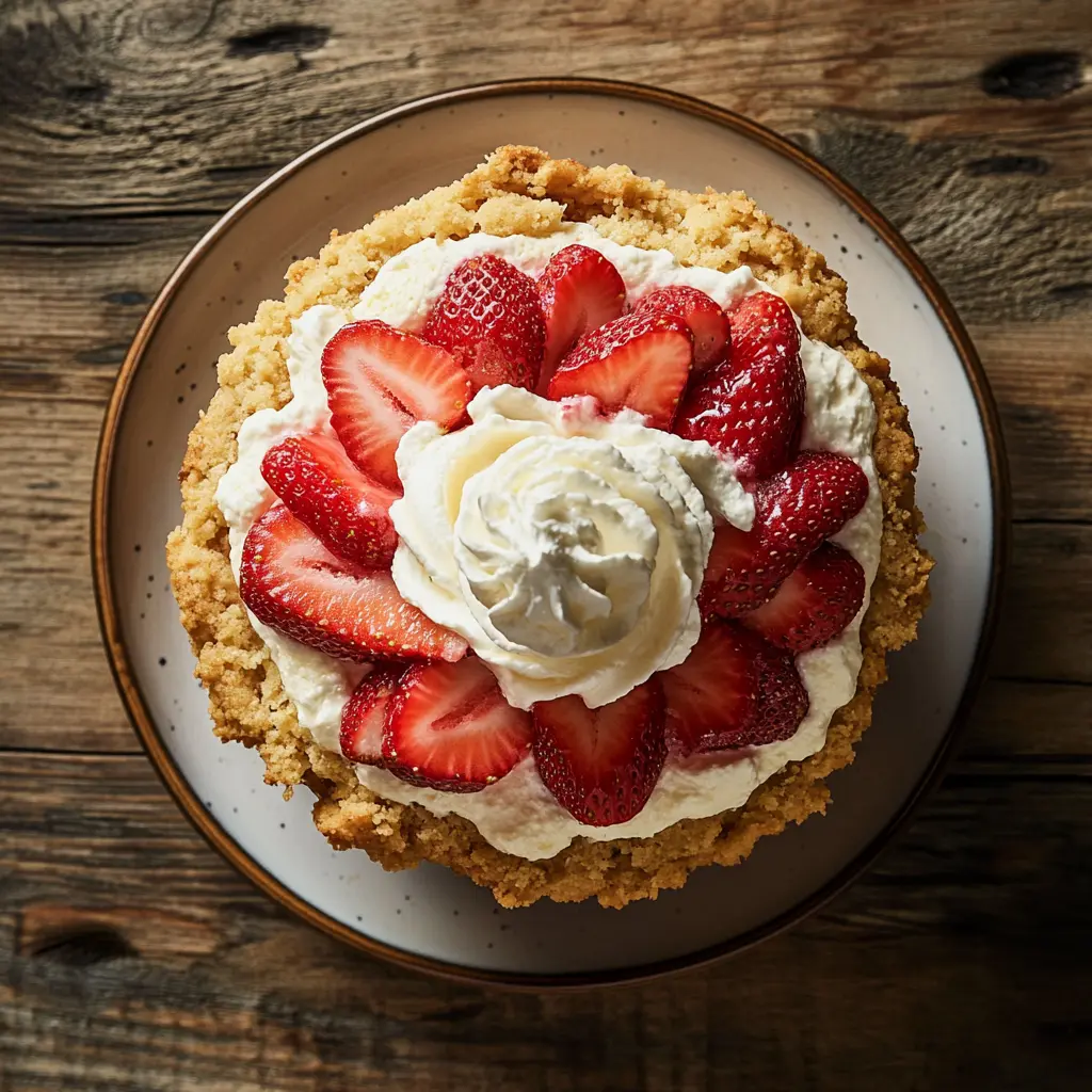 Delicious Strawberry Cheesecake Dump Cake topped with whipped cream and fresh strawberries