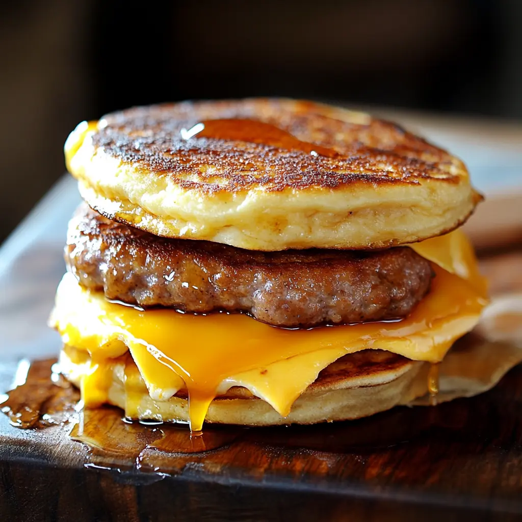 Homemade McGriddle sandwich with sausage, cheese, and egg