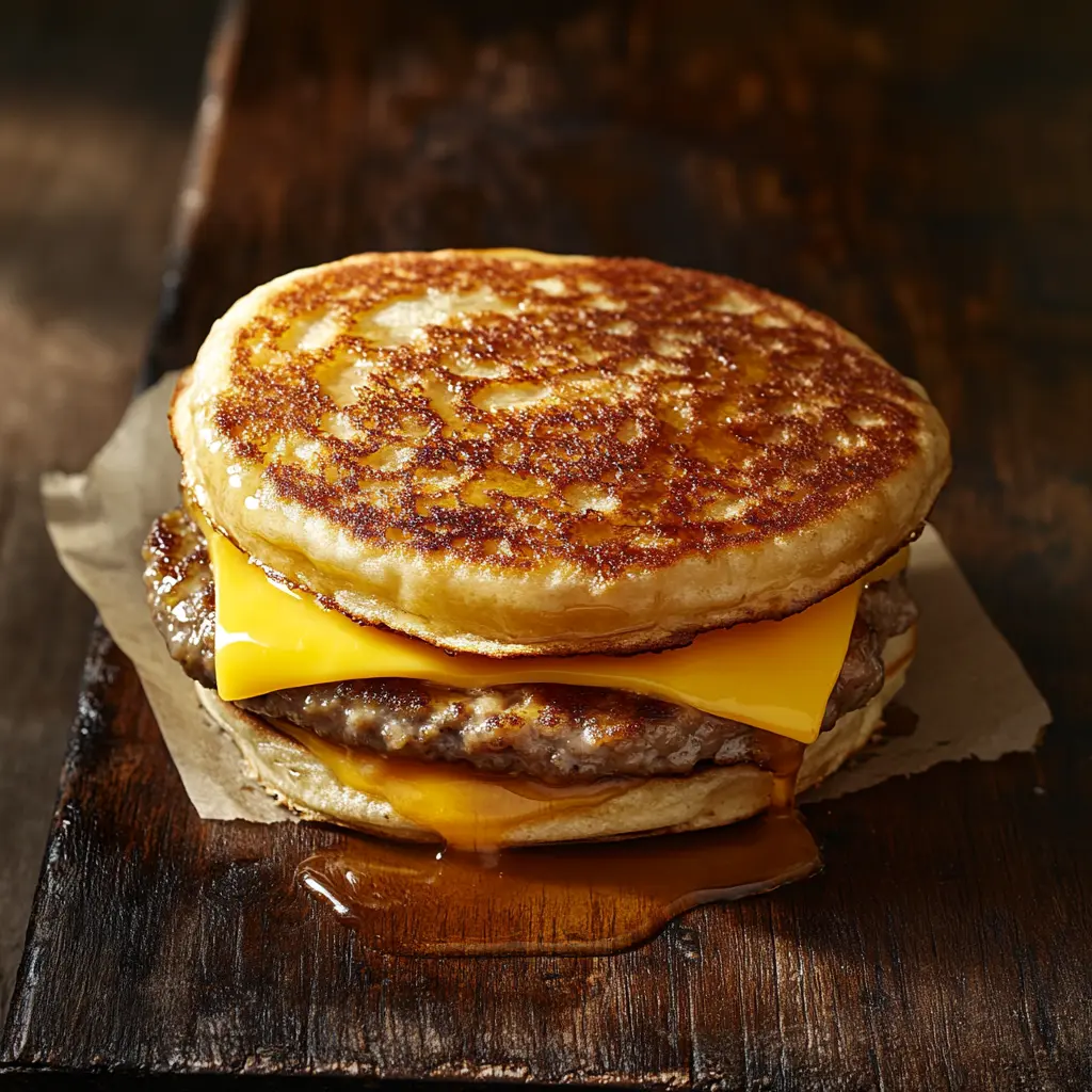 Homemade McGriddle sandwich with sausage, cheese, and egg