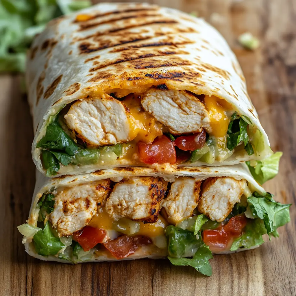 Chipotle Ranch Grilled Chicken Burrito sliced in half, showcasing juicy chicken, melted cheese, lettuce, tomatoes, avocado, and chipotle ranch sauce
