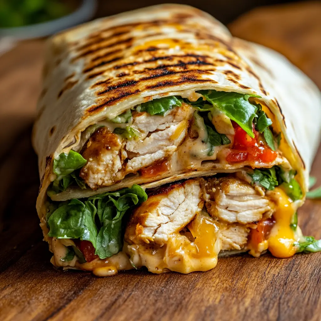 Grilled chicken burrito sliced in half, showcasing juicy chicken, melted cheese, lettuce, tomatoes, and chipotle ranch sauce