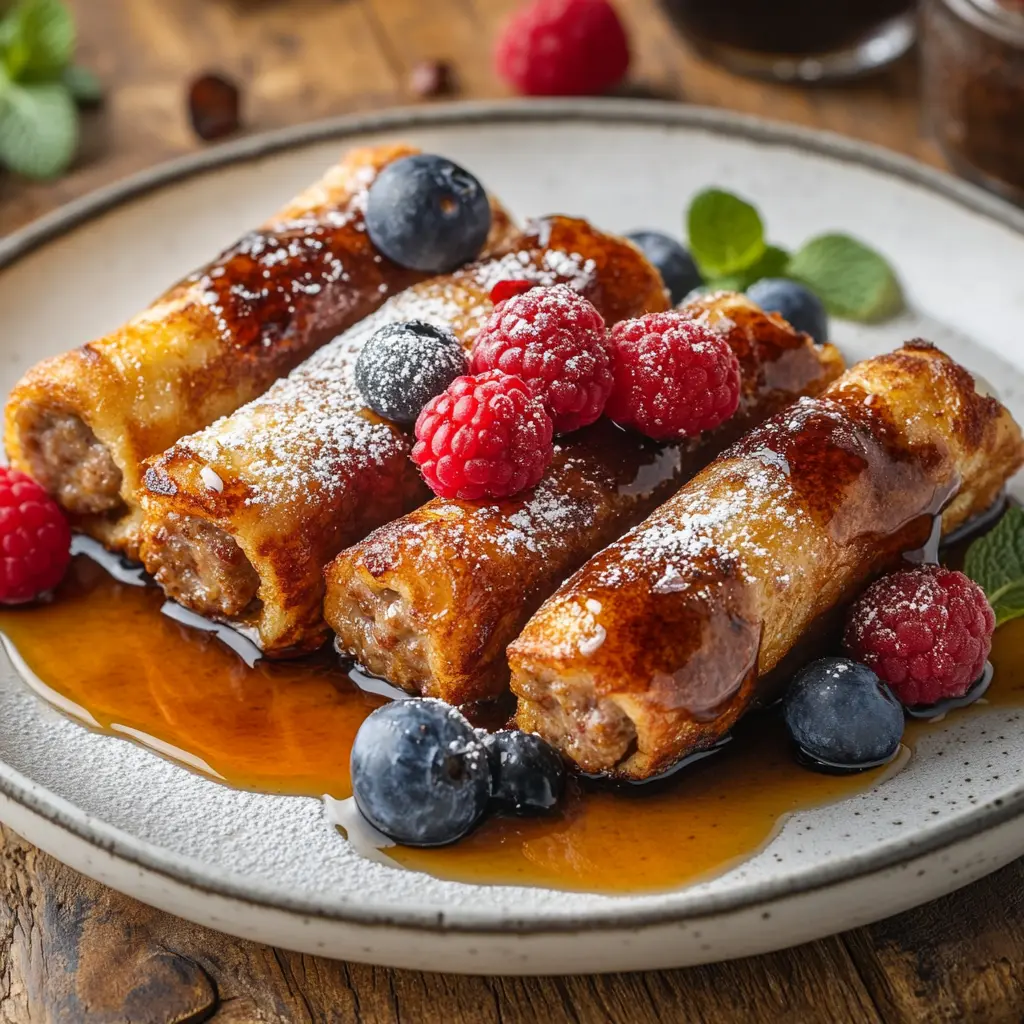 Sausage French Toast Roll-Ups drizzled with maple syrup and garnished with berries