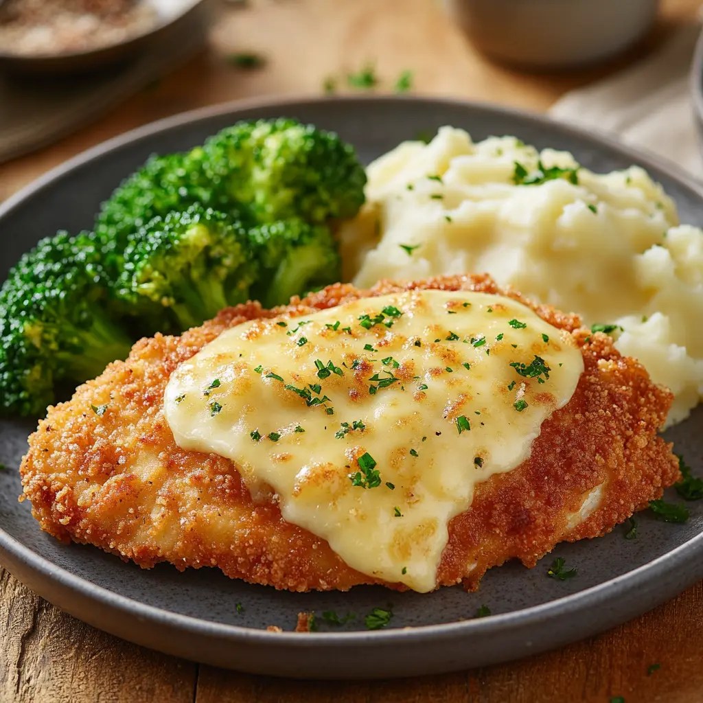 Parmesan Crusted Chicken with provolone cheese, mashed potatoes, and broccoli