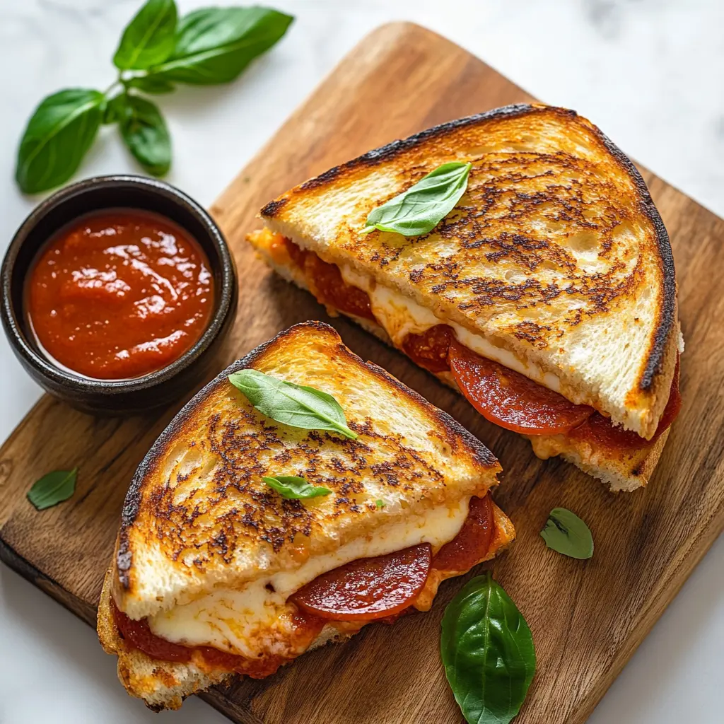 Ultimate Pizza Grilled Cheese sandwich with melted mozzarella and pepperoni, served with pizza sauce and basil leaves.