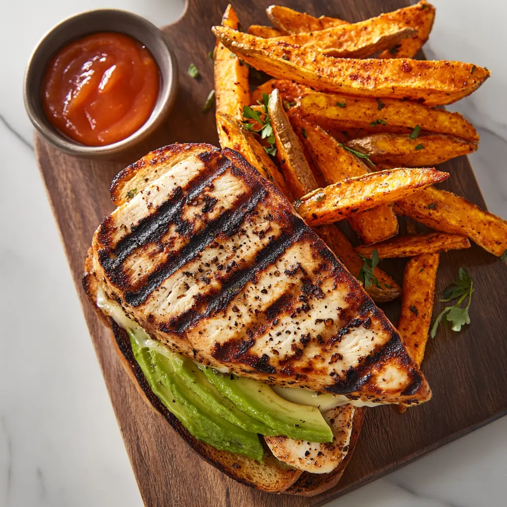 Grilled Chicken Avocado Melt Sandwich with grilled chicken, avocado, melted cheese, and multigrain bread, served with sweet potato fries and ketchup.