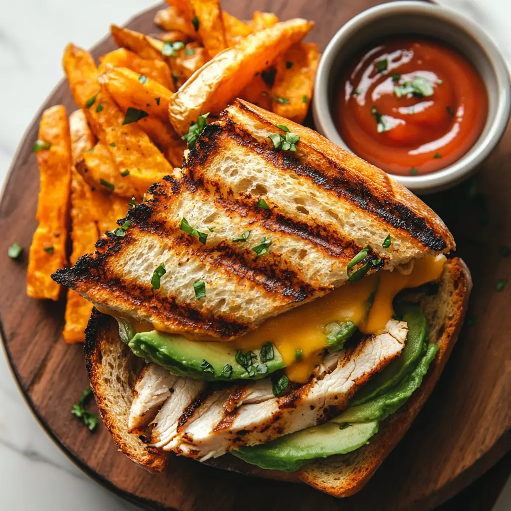Grilled Chicken Avocado Melt Sandwich cut in half, revealing grilled chicken, avocado, melted cheese, and fresh vegetables, served with sweet potato fries and ketchup.