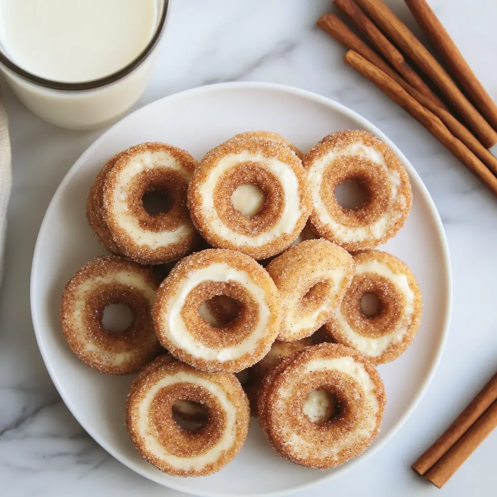 Churro Cheesecake Donut Cookies with cream cheese filling, rolled in cinnamon sugar, served with milk and cinnamon sticks.