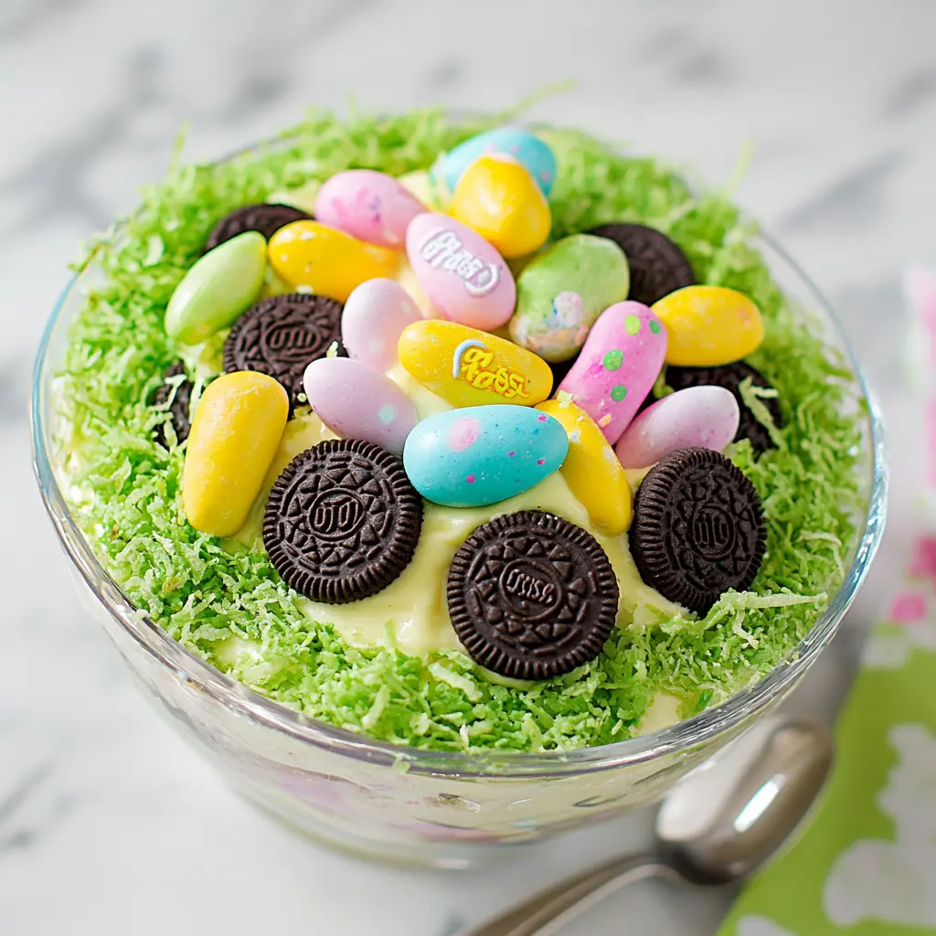Easter Dirt Cake Casserole with layers of vanilla pudding, crushed Oreos, green coconut grass, and Easter candies in a trifle dish.