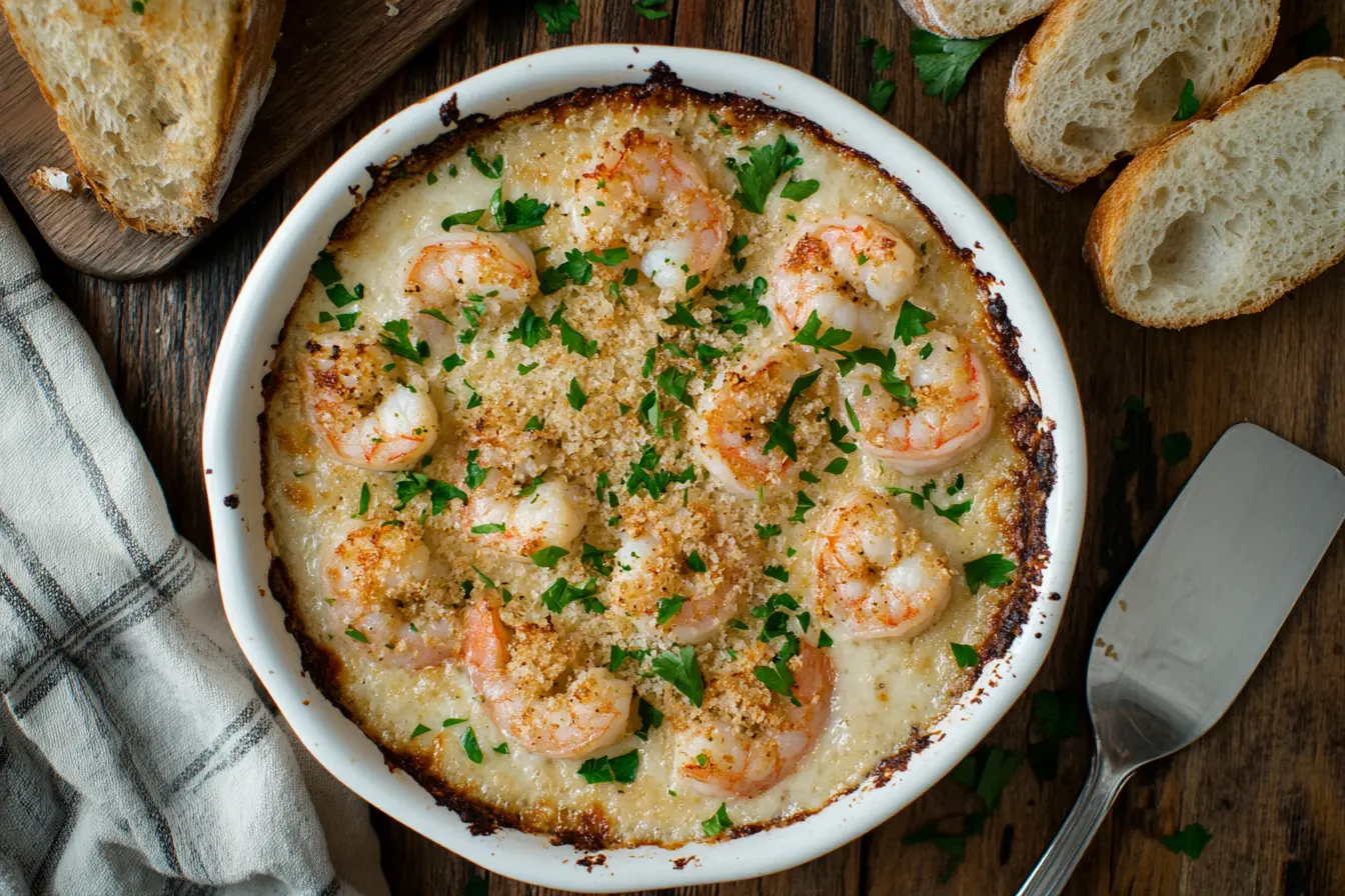 Close-up of a golden-brown Creamy Garlic Shrimp Gratin topped with crispy panko breadcrumbs and fresh parsley, accompanied by slices of crusty bread.