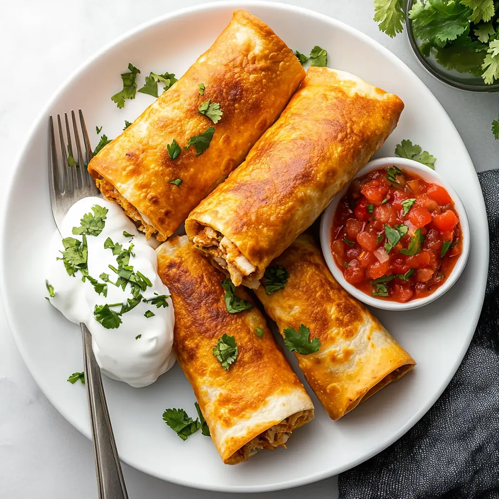Crispy Chicken Chimichangas filled with seasoned shredded chicken and melted cheese, garnished with cilantro, served with salsa and sour cream.