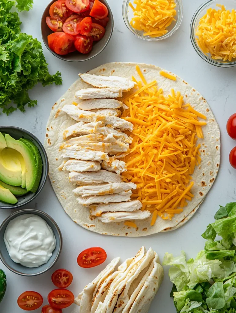 Ingredients for Chipotle Ranch Grilled Chicken Burrito laid out on a white surface