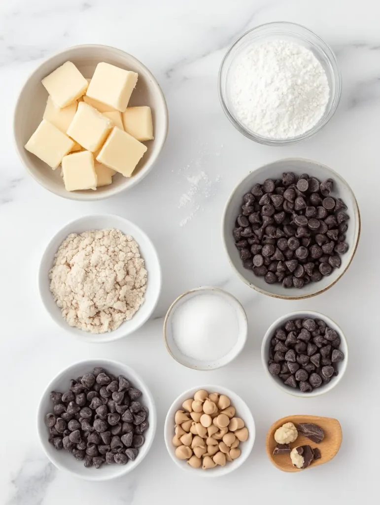 Ingredients for Decadent Chocolate Chip Cookie Dough Cups laid out on a white surface