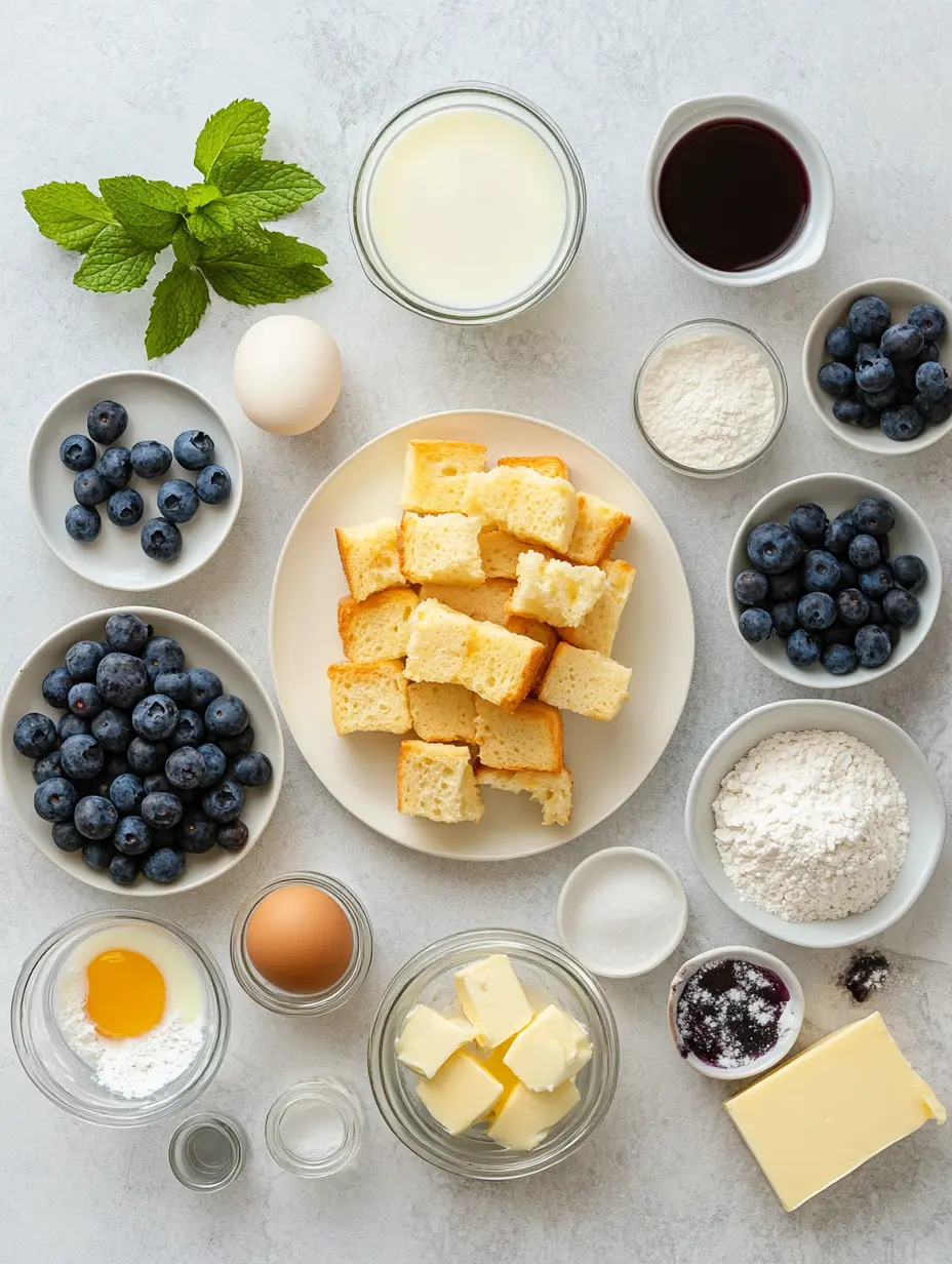 Ingredients for Overnight Blueberry French Toast Casserole – All You Need for a Delicious Breakfast-e33b-4318-89a5-94a5adde715b_0 Ingredients for Overnight Blueberry French Toast Casserole: bread cubes, blueberries, cream cheese, eggs, milk, vanilla, maple syrup, sugar, cornstarch, and butter.