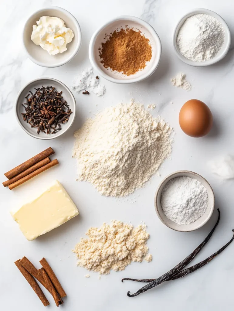 Ingredients for Churro Cheesecake Donut Cookies: flour, baking powder, salt, butter, sugars, egg, vanilla, cream cheese, sugar, and cinnamon.