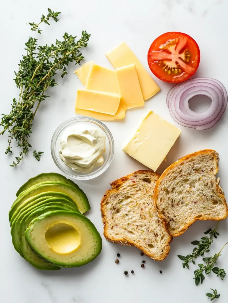 Ingredients for Grilled Chicken Avocado Melt Sandwich: chicken breasts, avocado, multigrain bread, cheddar cheese, mayonnaise, Dijon mustard, red onion, tomato, and butter.