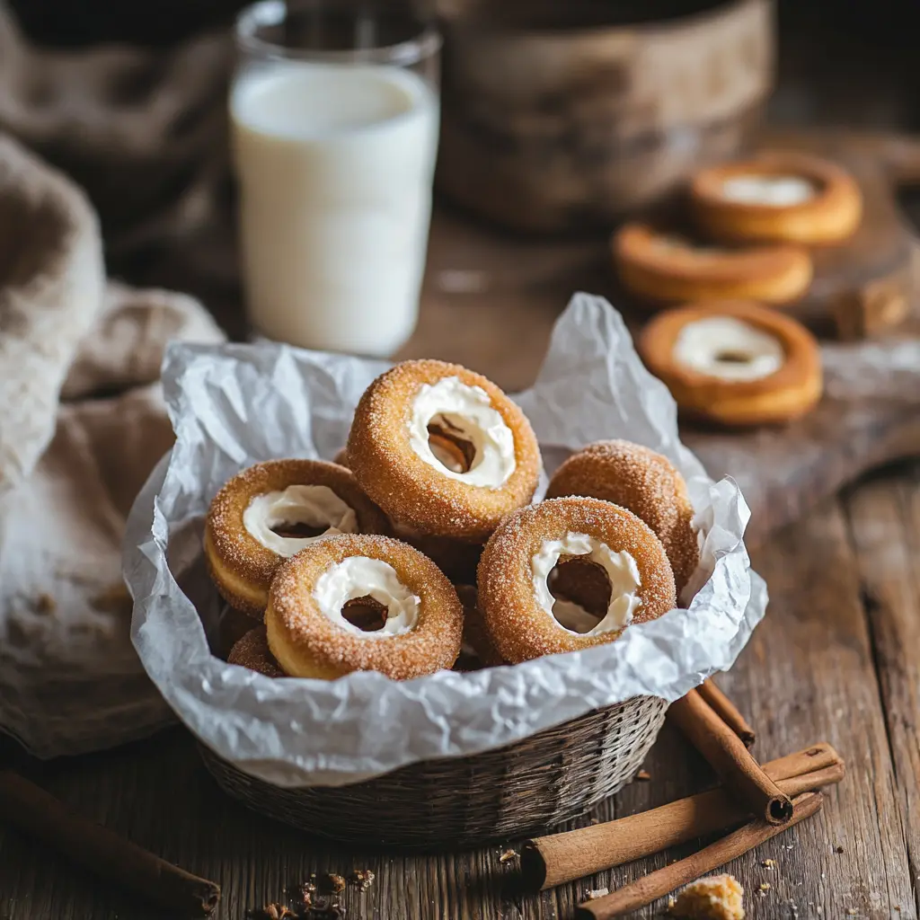 : Churro Cheesecake Donut Cookies served with milk and cinnamon sticks, showcasing cream cheese filling.