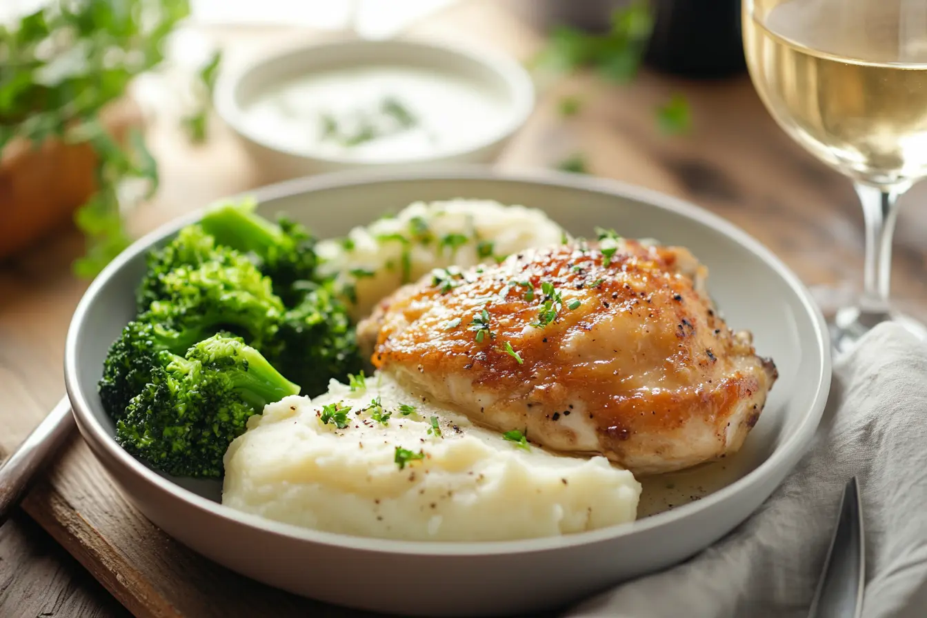 Creamy garlic chicken served with mashed potatoes and steamed broccoli, garnished with fresh parsley.