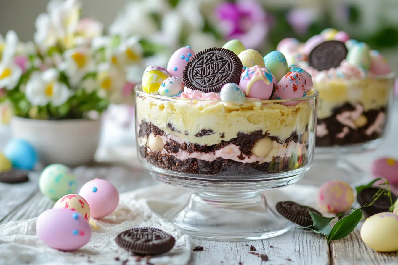 Easter Dirt Cake Casserole with vanilla pudding, whipped topping, and Oreo layers, topped with pastel candies and mini Oreos.