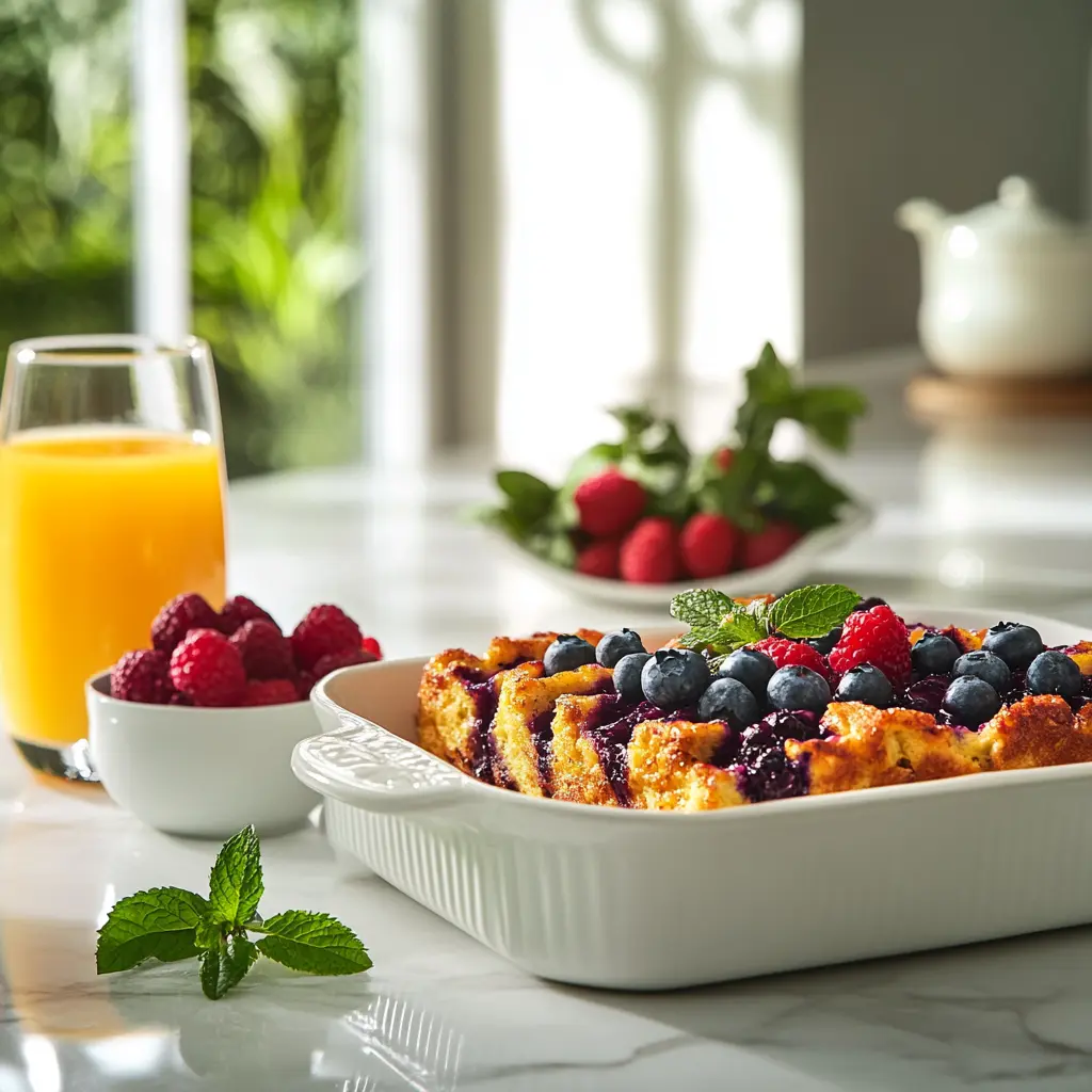 Overnight Blueberry French Toast Casserole served with orange juice and mixed berries, garnished with mint.