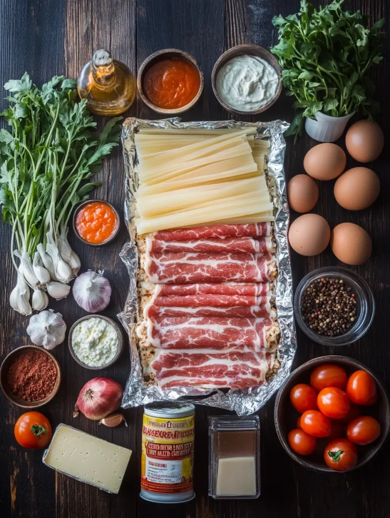 Complete ingredients for Parmesan garlic bacon cheeseburger lasagna recipe arranged on wooden surface