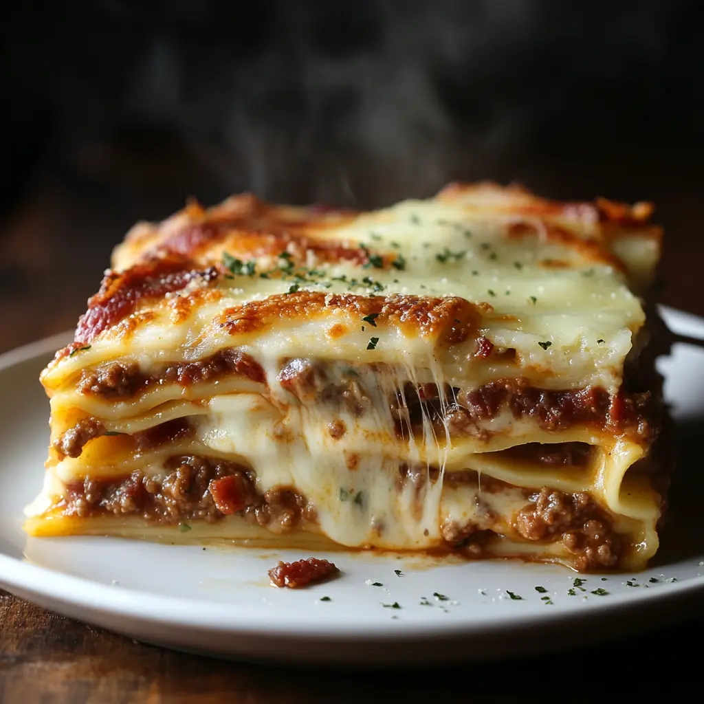 Slice of homemade Parmesan garlic bacon cheeseburger lasagna with melted cheese pull and visible bacon pieces