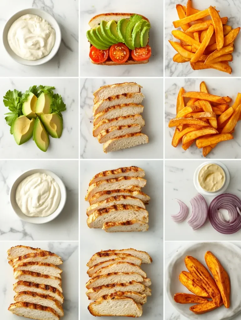 Step-by-step preparation of Grilled Chicken Avocado Melt Sandwich, from grilling chicken to serving with sweet potato fries.