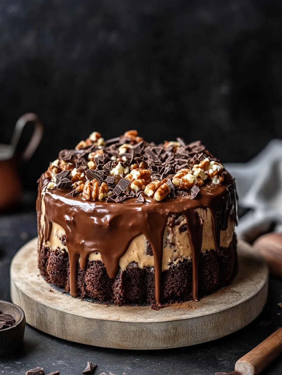 Decadent German chocolate poke cake with coconut-pecan topping