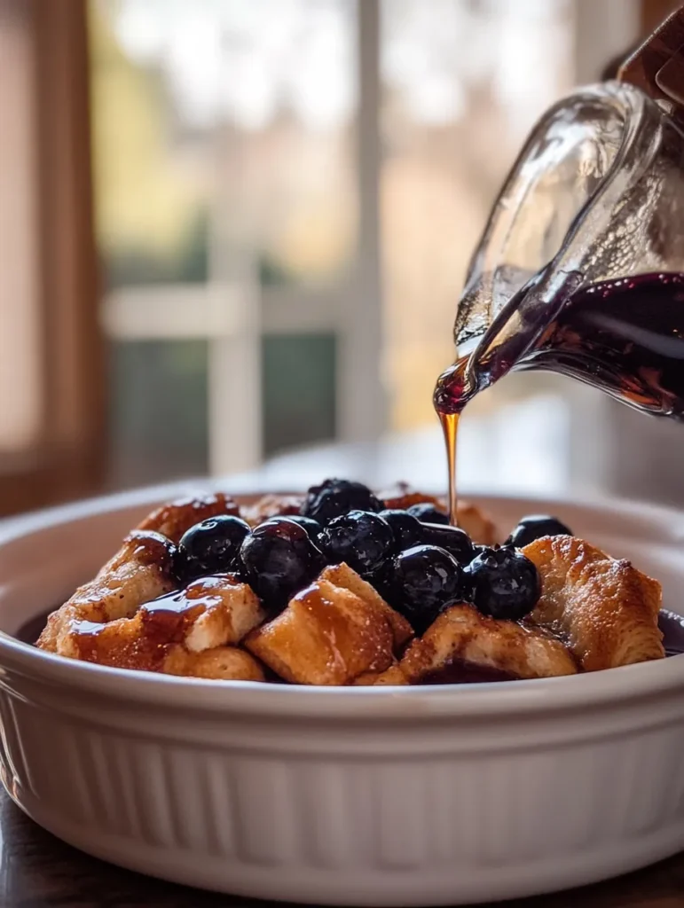 Sliced portion of blueberry croissant french toast bake with powdered sugar