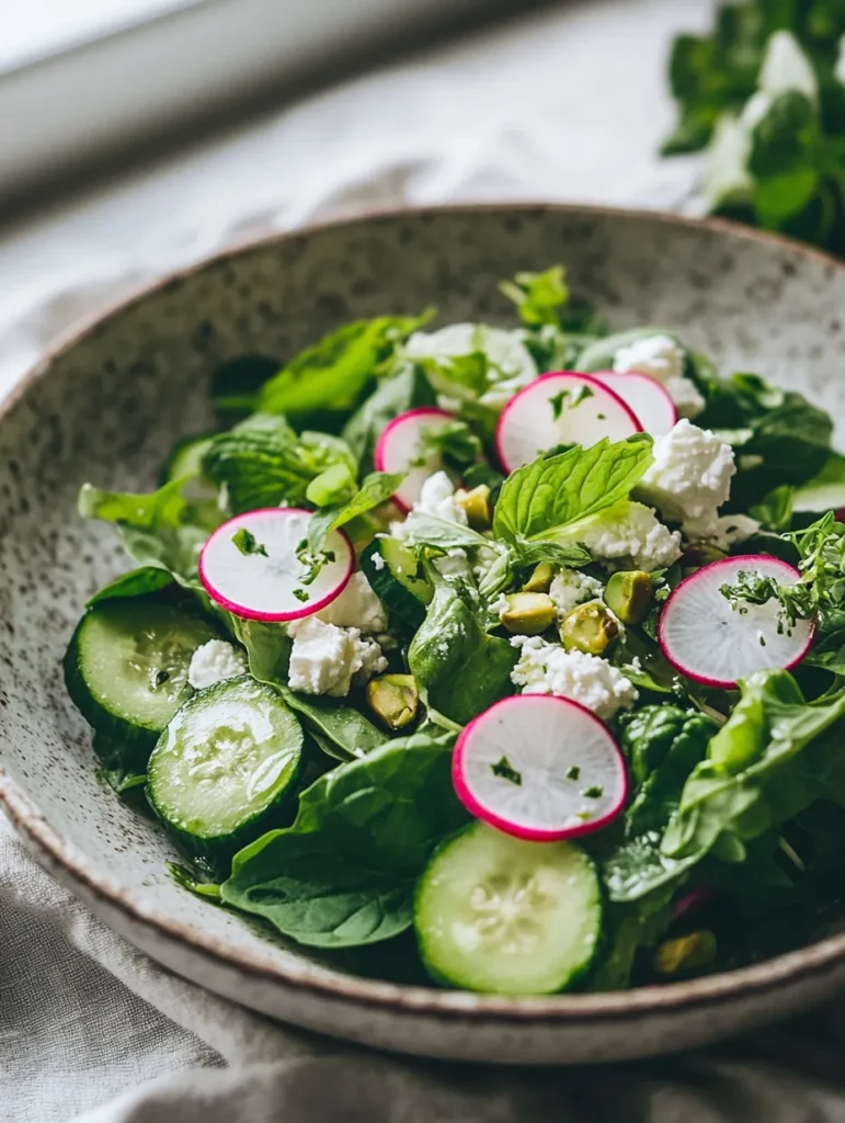 Woman serving spring salad at outdoor brunch table