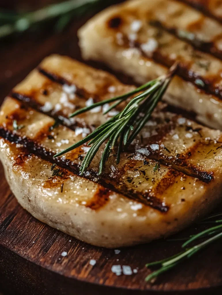 Grilled focaccia bread with rosemary and sea salt on wooden board