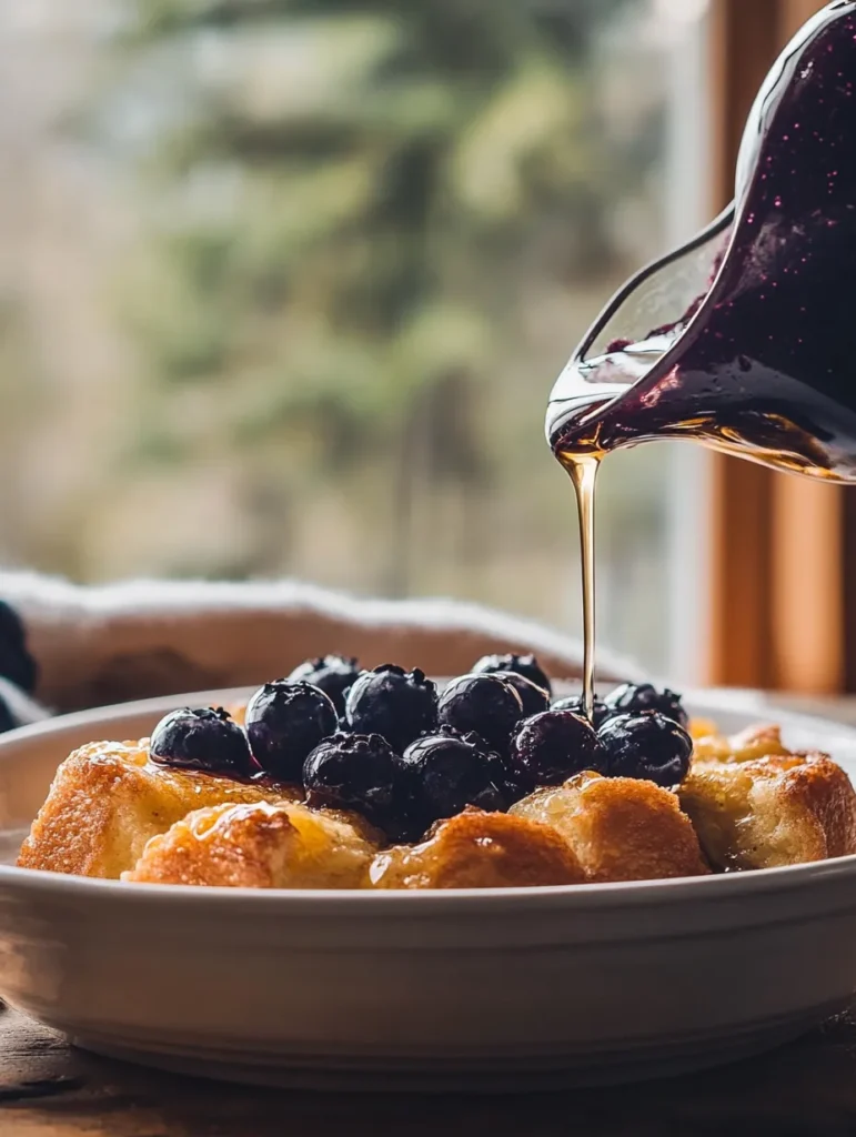 Assembling blueberry croissant french toast bake with torn croissants
