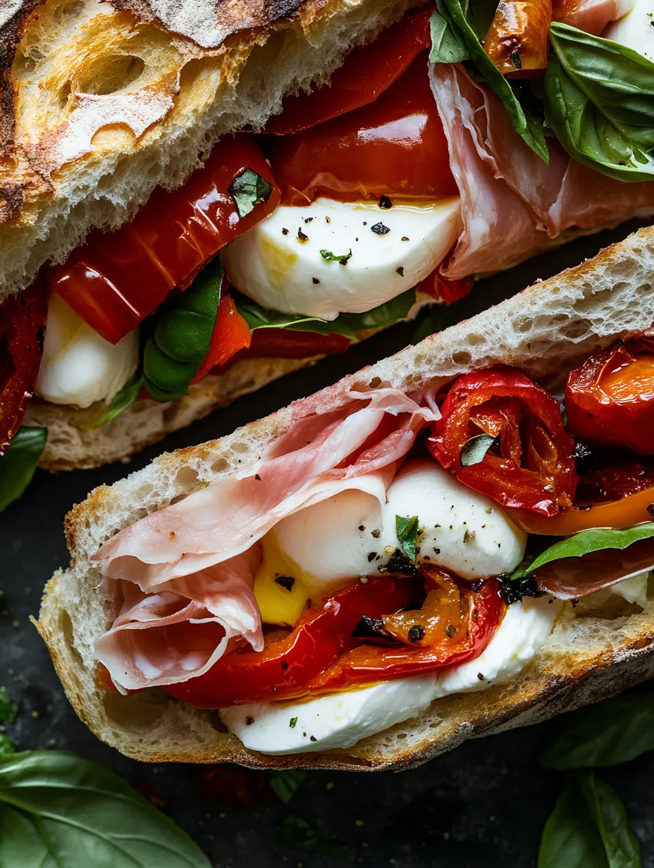 Rustic sandwich with layers of creamy mozzarella, thin prosciutto, sweet roasted peppers, fresh basil, and juicy tomatoes on artisan bread.