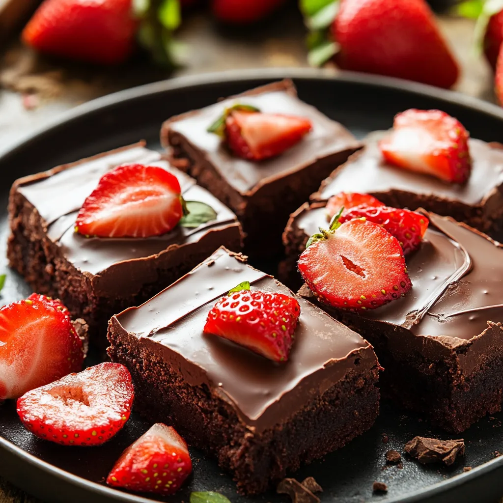 Fresh strawberries arranged on baked brownies