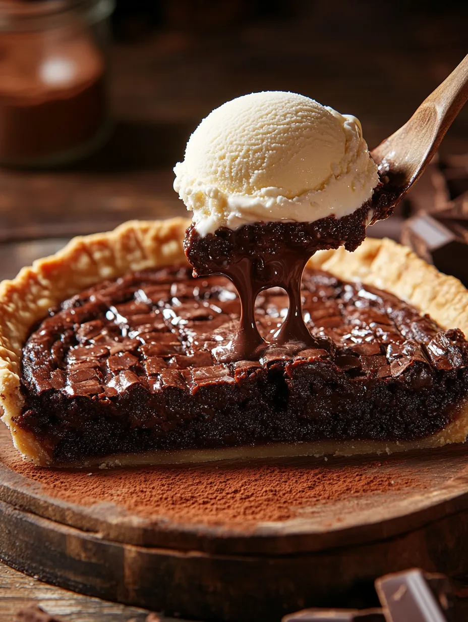 Decadent slice of hot fudge pie with vanilla ice cream