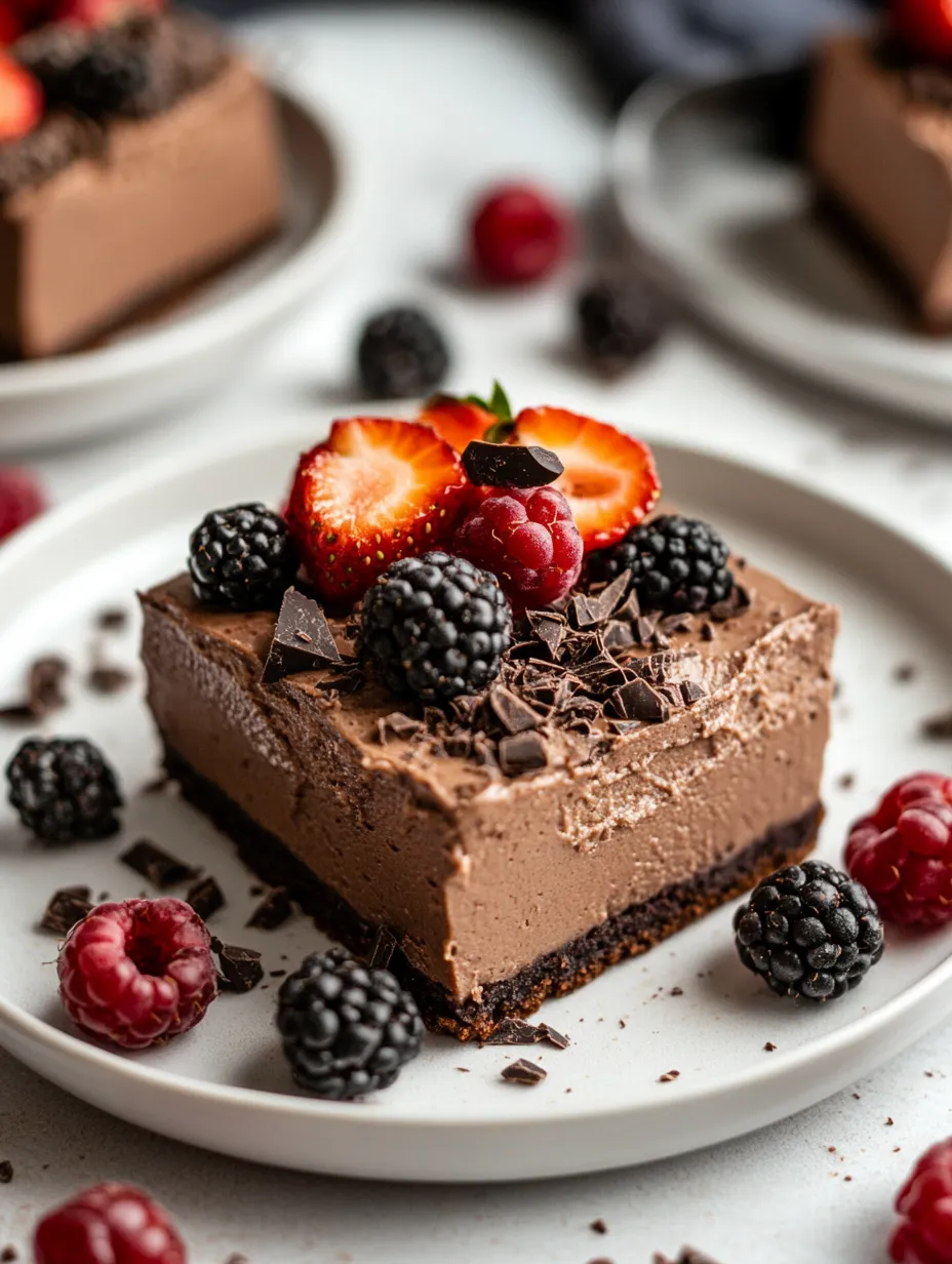 Decadent chocolate mousse brownies on marble plate