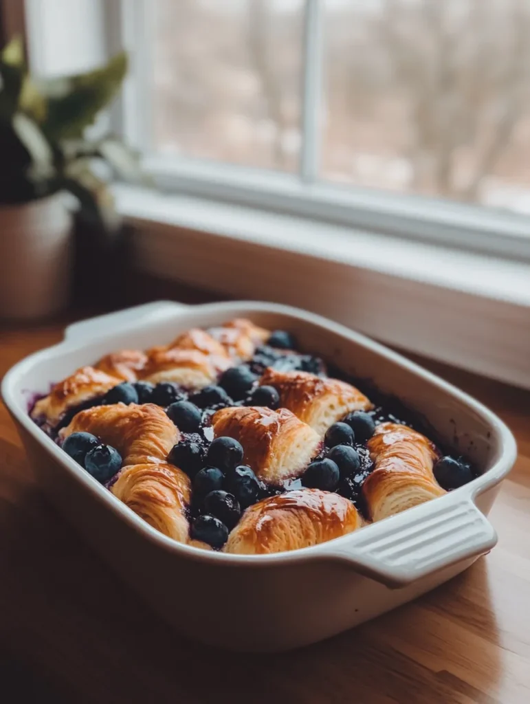 Blueberry croissant french toast bake brunch spread with coffee and fruit