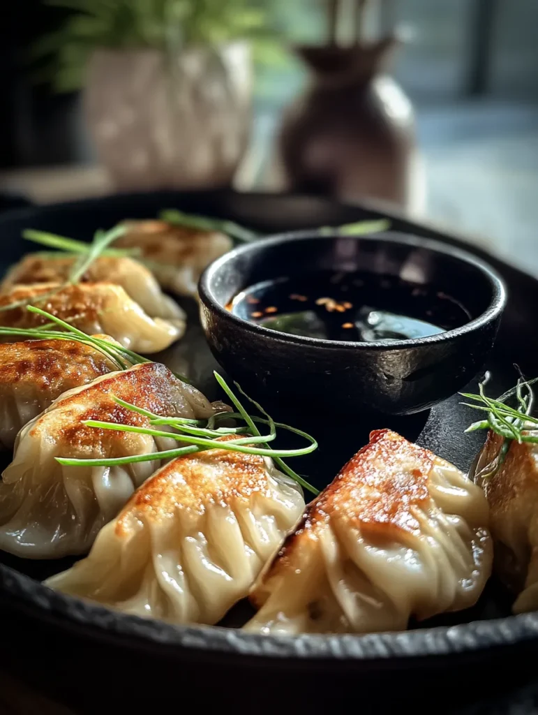 Homemade vegetable potstickers arranged on a plate with dipping sauce
