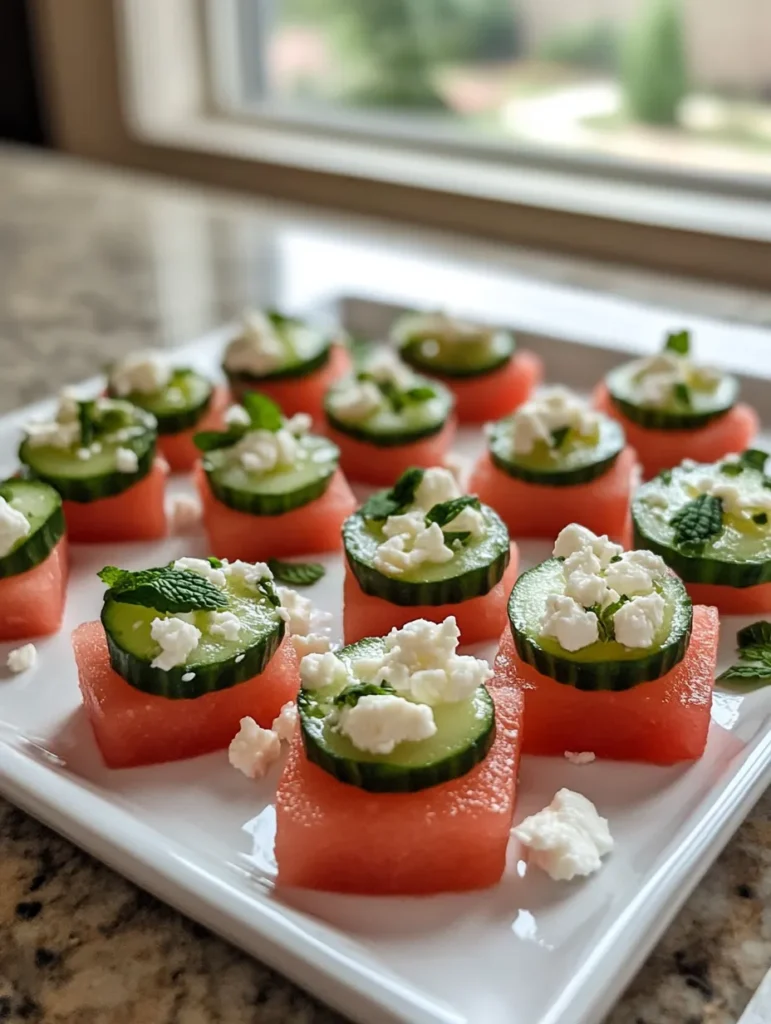 Process shots of assembling watermelon cucumber bites