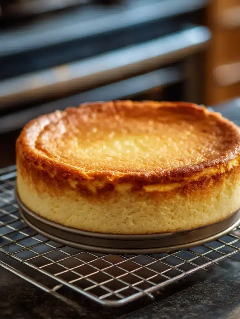 Golden baked cheesecake cooling on wire rack after baking