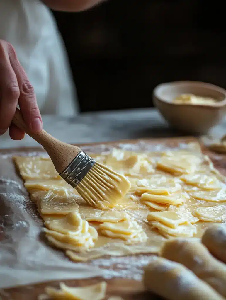 Brushing melted butter on puff pastry for homemade cinnamon twists preparation step