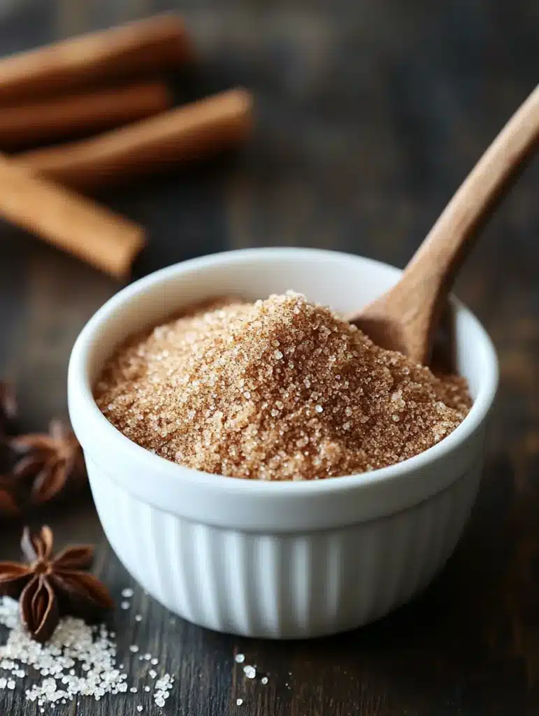 Homemade cinnamon sugar blend in white bowl with wooden spoon for easy cinnamon twists recipe