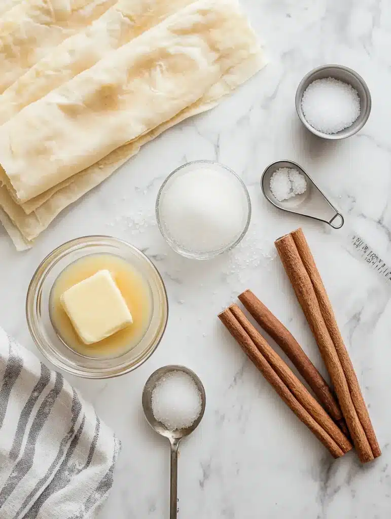 Cinnamon twist ingredients including puff pastry, butter, cinnamon, and sugar arranged on marble surface