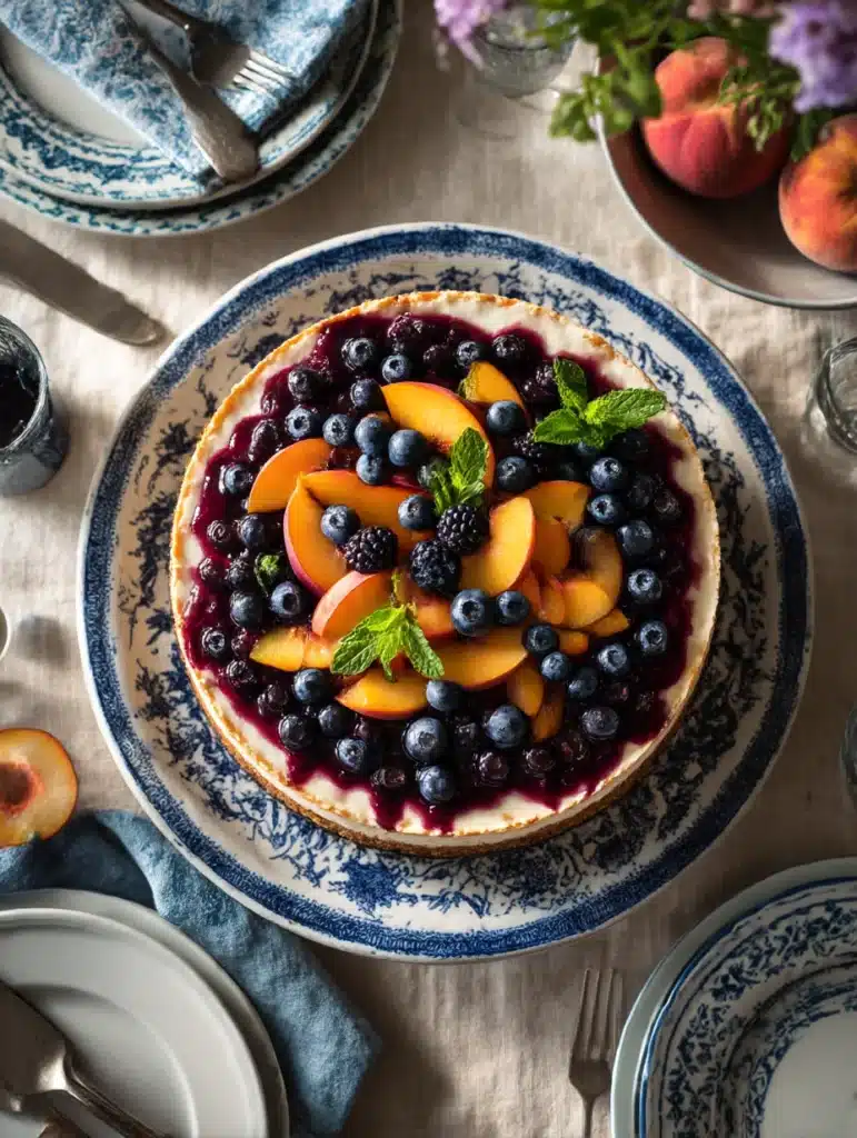 Complete blueberry peach cheesecake on serving platter ready for family gathering