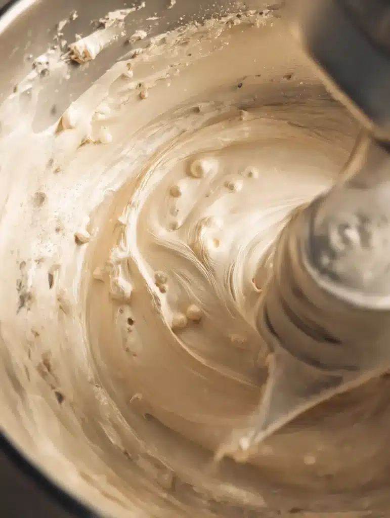 Smooth creamy cheesecake filling being mixed in stand mixer bowl