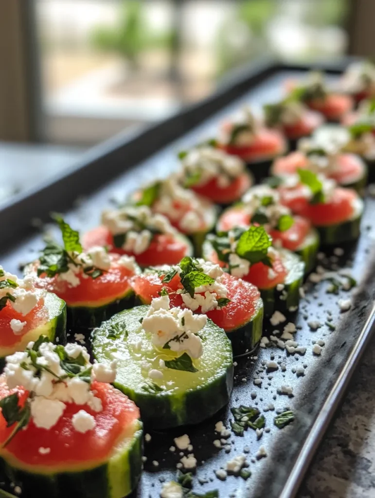 Various watermelon cucumber bite variations on slate board