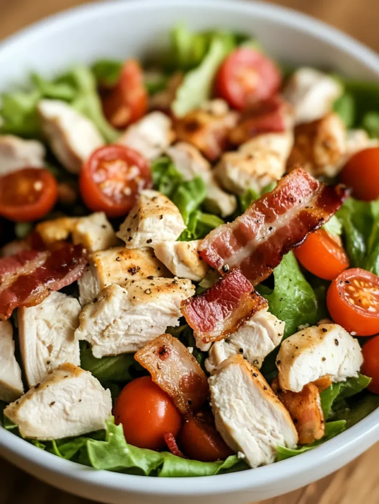 Process shot of mixing BLT chicken salad ingredients