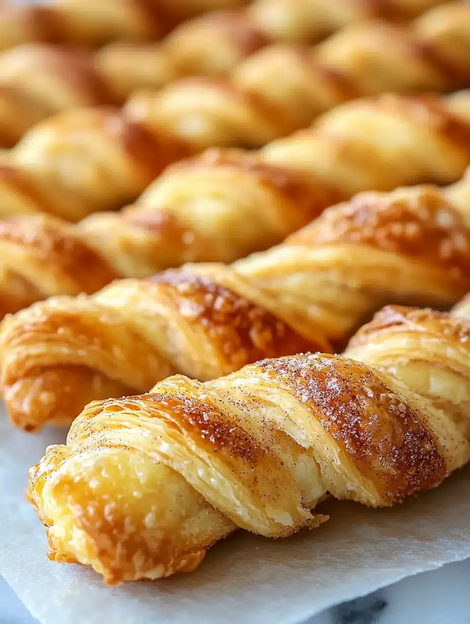 Easy homemade cinnamon twists recipe with golden flaky layers and cinnamon sugar coating on marble countertop