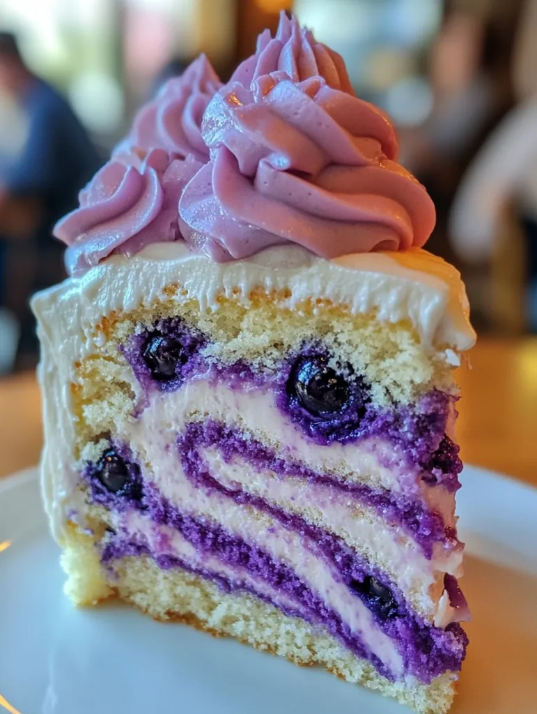 Blueberry filling being poured over poked vanilla cake