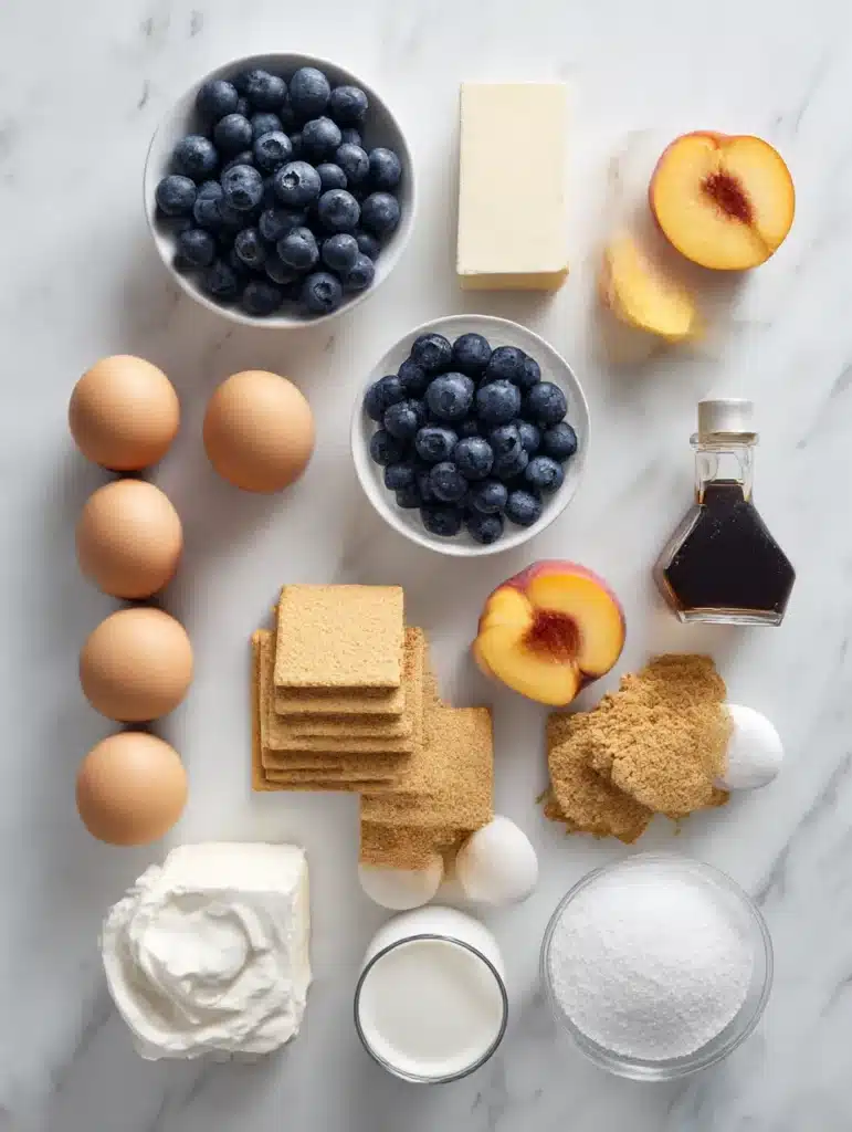 Fresh blueberry peach cheesecake ingredients arranged on marble counter